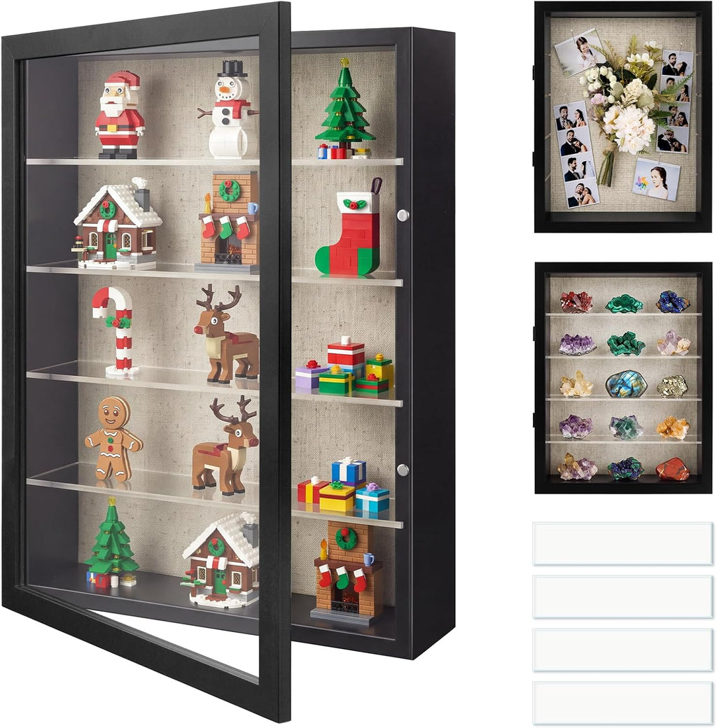 12x16 Shadow Box Display Cases with 4 Removable Clear Shelves, Black