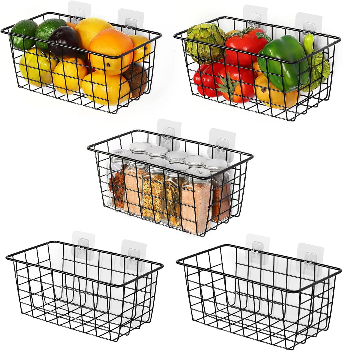 Nandae 5 Pack Wire Storage Baskets, Hanging Wall Basket Premium Metal Storage Bin Organizer Basket for Home Office Kitchen Pantry Bathroom Countertop, Black
