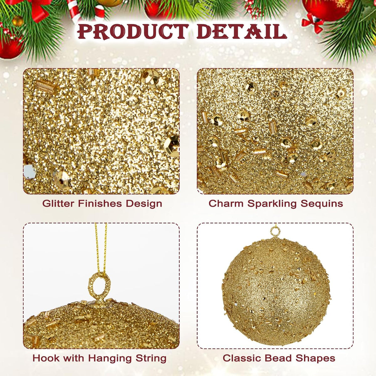 4Pcs 4.7" Large Gold Christmas Balls Ornaments for Christmas Trees