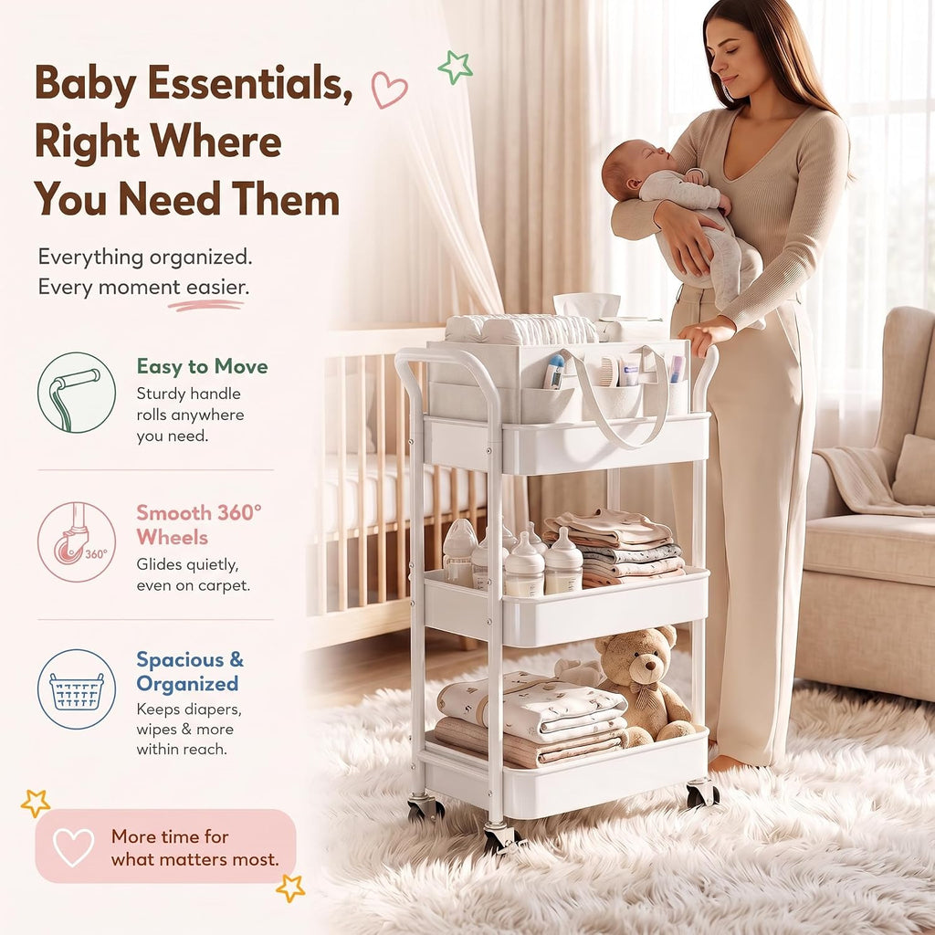 White 3 Tier Rolling Diaper Caddy Cart with Wheels,3in1 Detachable Dividers
