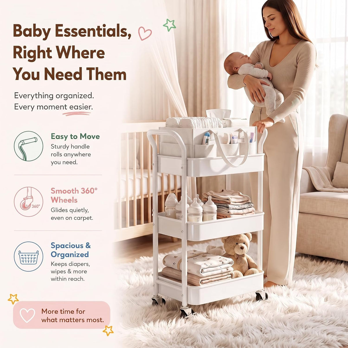 White 3 Tier Rolling Diaper Caddy Cart with Wheels,3in1 Detachable Dividers