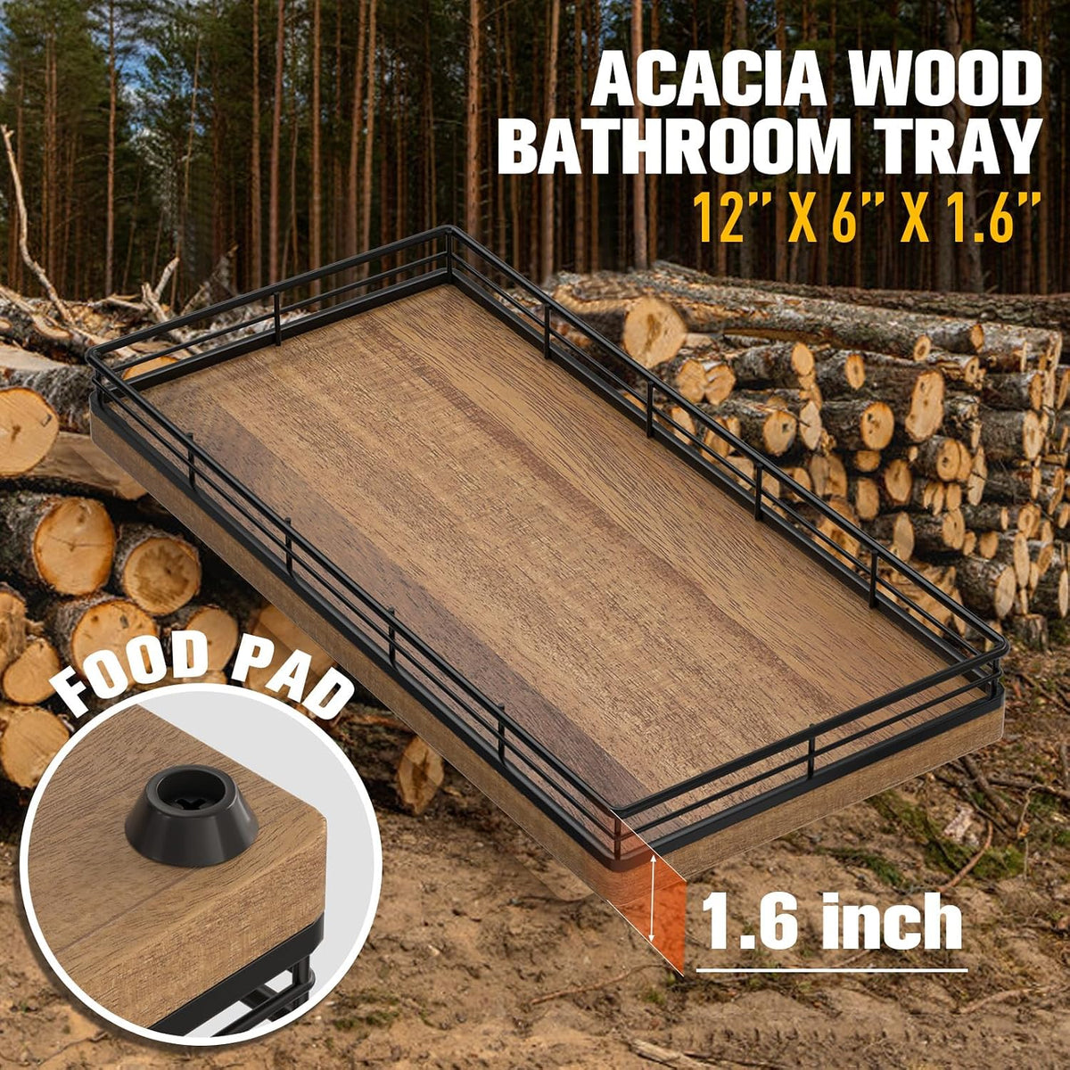 Bathroom Vanity Tray for Countertop, 12" x 6" Acacia Wood Toilet Tank Tray