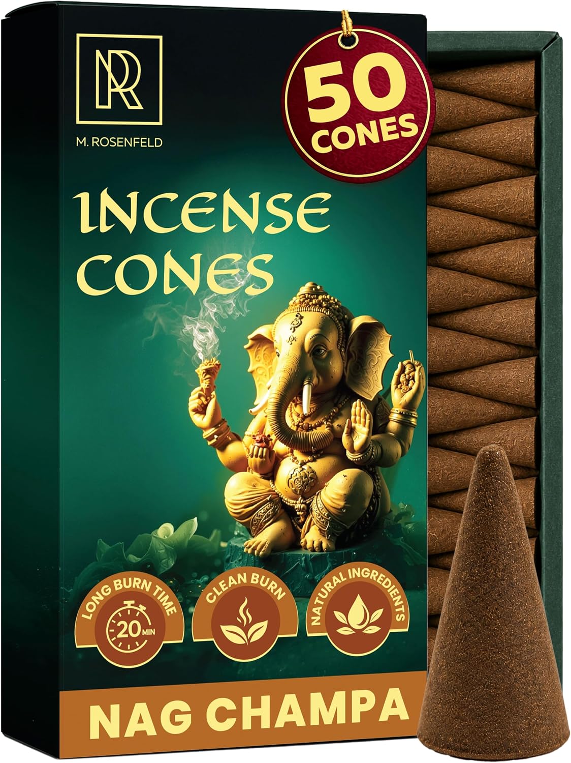 Nag Champa Incense Cones, 50 Pack - Dhoop Blend Cone with Warm Champa Flower Scents for Meditation, Yoga & Aromatherapy - 1.5 Inch Cones, 20 Minute Burn