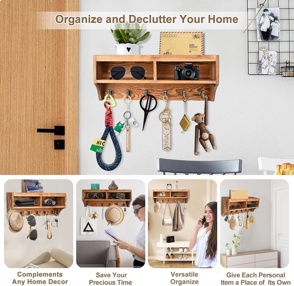 Key Holder Wall Mount with Mail Organizer, 6 Hooks & Shelf, Brown