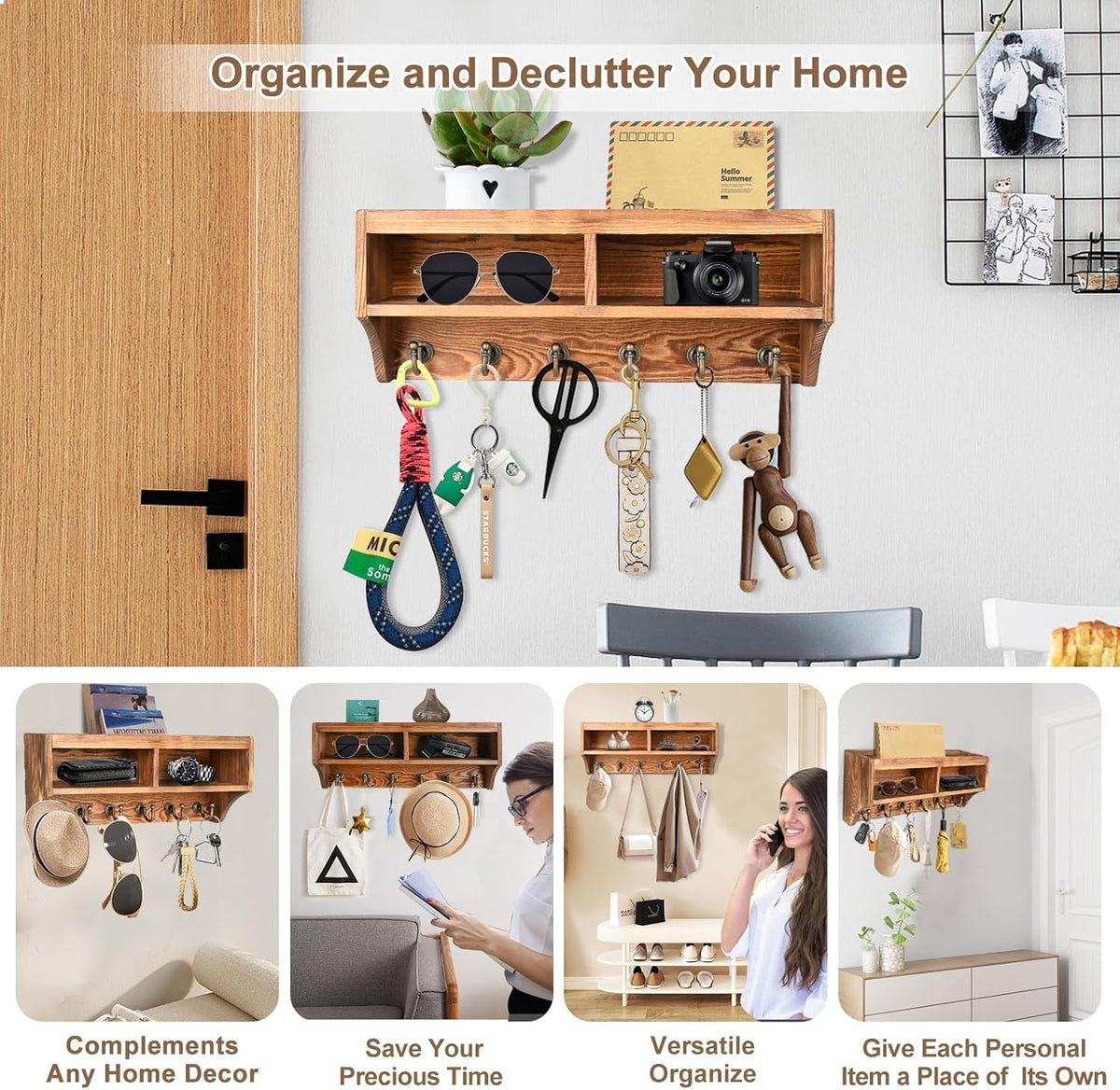 Key Holder Wall Mount with Mail Organizer, 6 Hooks & Shelf, Brown