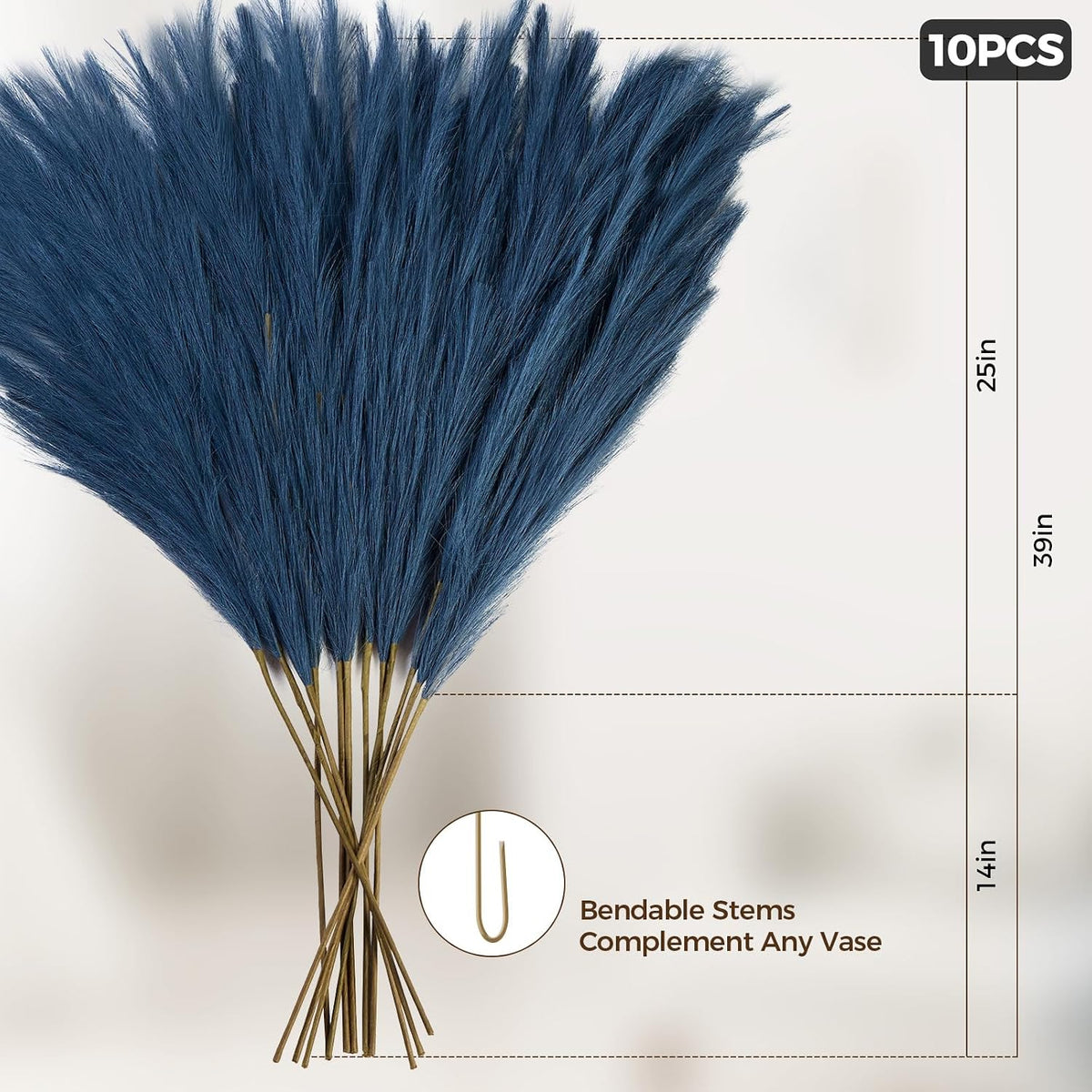 10 Pcs 39''/3.2FT Faux Pampas Grass Decor, Large Tall Fluffy Artificial Fake Flower, Bedroom Decor Boho Decor Pompas Floral for Vase Filler Farmhouse Home Wedding Decor (Blue)