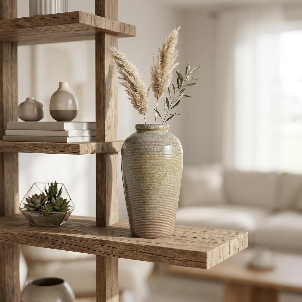 Rustic Farmhouse Ceramic Vase - 11 Inch Large Brown Pottery Vases Home Decor, Glazed Textured Decorative Vase for Pampas Grass, Console, Entryway Table Decor, Mantle, Kitchen Centerpieces