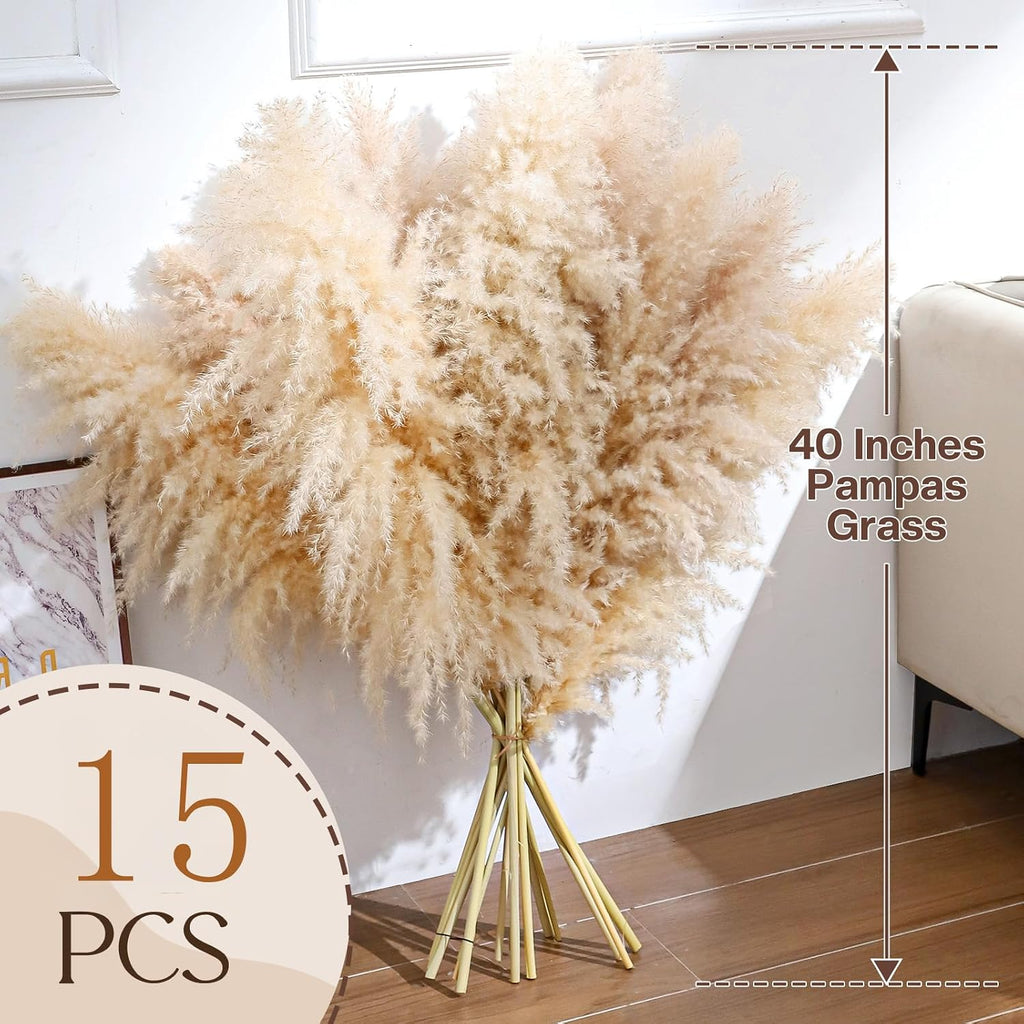 Pasuvsigt 15Pcs 40 Inch Dried Pampas Grass Fluffy Stem Home Wedding Decor