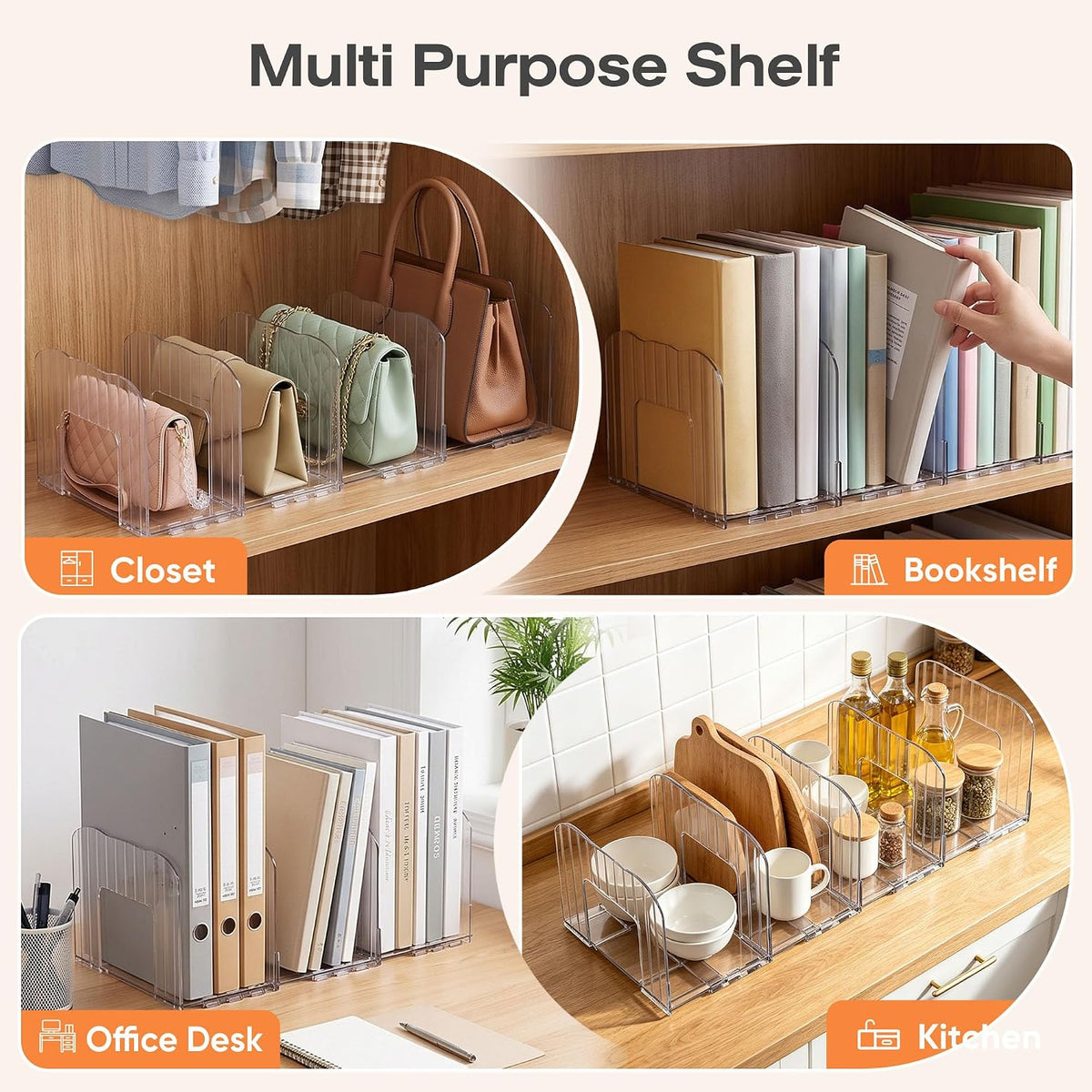 Glxgow 4 Pack Adjustable Acrylic Purse Organizer for Closet Shelf, Clear Handbag Storage Dividers, Detachable & Connectable Bag Organizer for Wallets, Clutches, Purses and Handbags