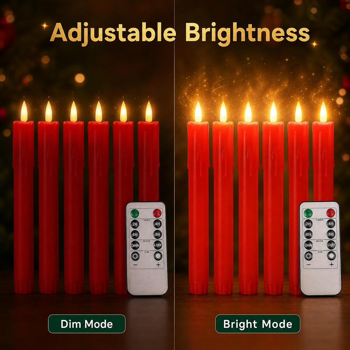 Red Flameless Flickering LED Taper Candles with Remote Timer