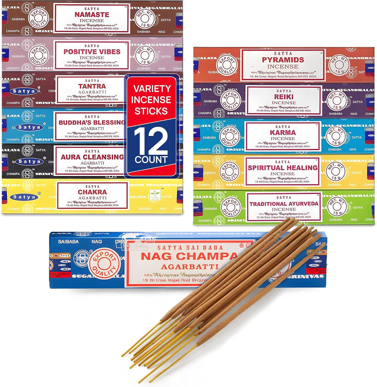 Satya Set of 12 Nag Champa Namaste Positive Vibes Tantra Buddha Blessing Aura Cleansing Chakra Pyramids Reiki Karma Spiritual Healing Traditional Ayurveda