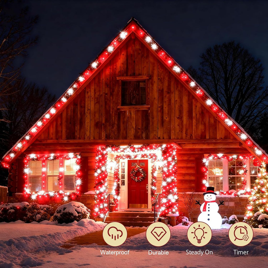 cshare Red and White Christmas Lights Battery Operated Outdoor Waterproof, Christmas String Lights with Timer 16.4ft 50LED Christmas Decorations Garland Party Garden 2 Packs