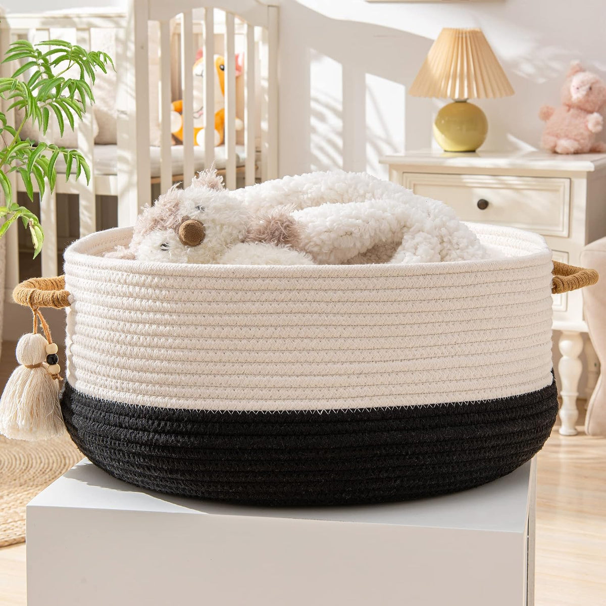 KAKAMAY Woven Baskets for Storage(16"x8"),Blanket Basket for Organizing Living Room,Cotton Rope Basket Woven Baby Laundry Hamper,Collapsible Laundry Room Organization,Clothes,Toy Chest(Black)