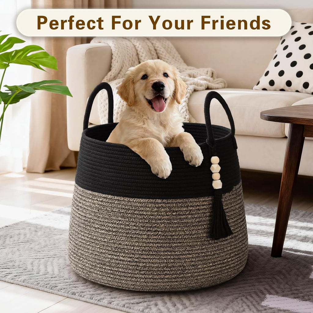 Large Nursery Hamper, 60L Blanket Basket with Handle, Baby Laundry Basket for Gift, Toy, Clothes, Woven Storage Basket with Wooden Bead Decor, Baby Hamper for Nursery (Black&Brown)