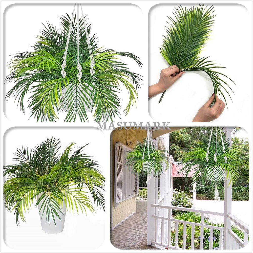Artificial Plants Fake Palm Tree Plastic Shrubs 4 Pack, Fake Greenery Bushes UV Resistant Shrub Tropical Leaves Stems for Indoor Home Decor Kitchen Room Outdoor Garden Wedding Christmas DIY Decoration
