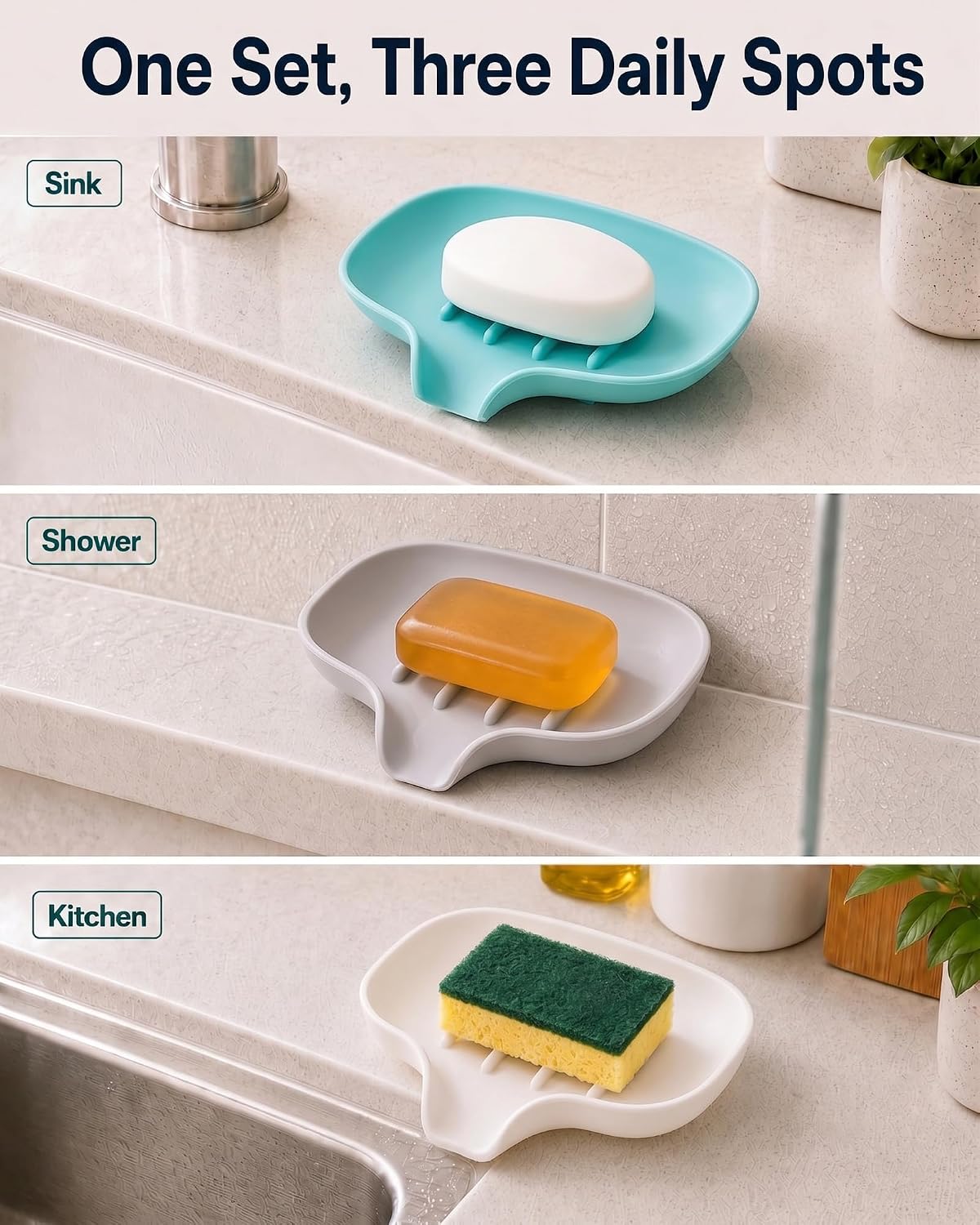 3 Pack Silicone Soap Dish for Shower, Bar Soap Holder with Drain Spout