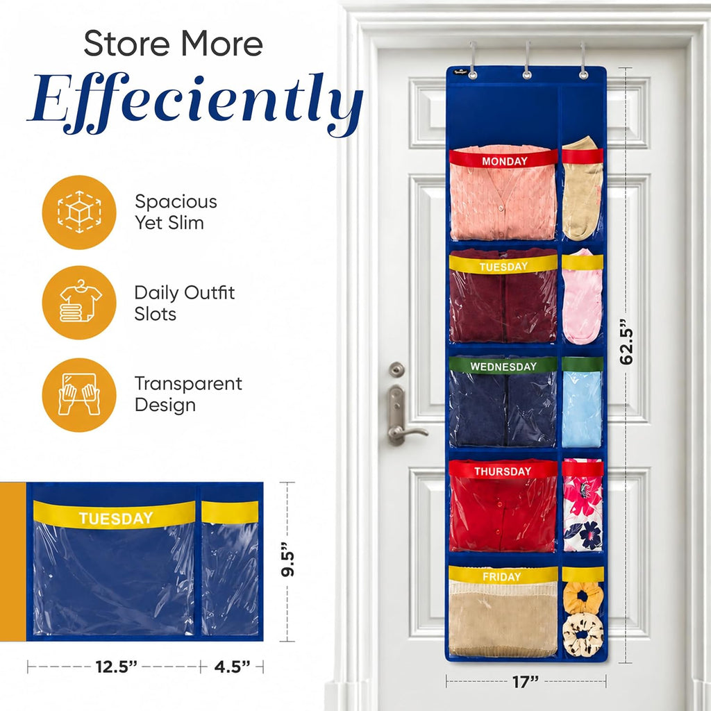 Handy Laundry Weekly Clothes Organizer for Kids – 5-Shelf Hanging Closet Storage with Day of the Week Labels, Over the Door or Wall Mount, Large Capacity, Encourages Routine, Blue