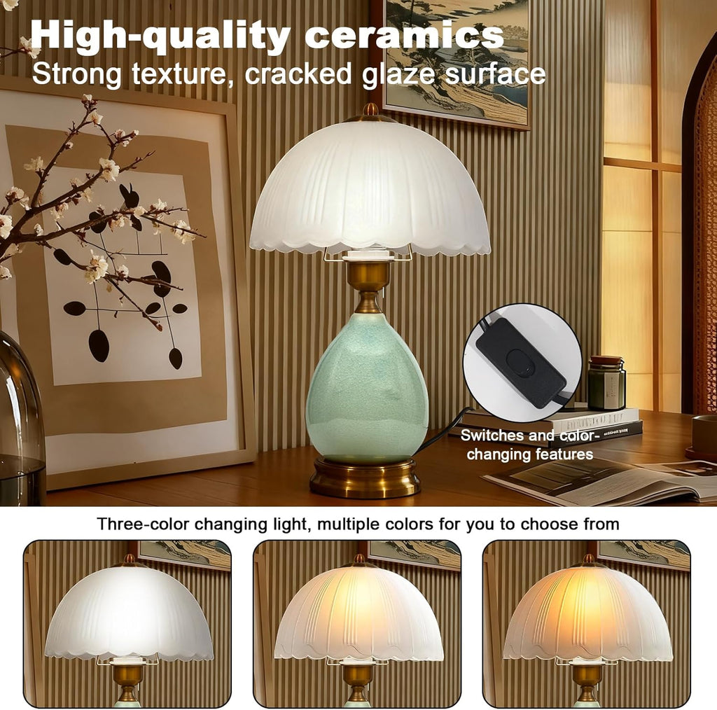 Ceramic Retro Table Lamp, Vintage, 15", Chinoiserie Green Glass