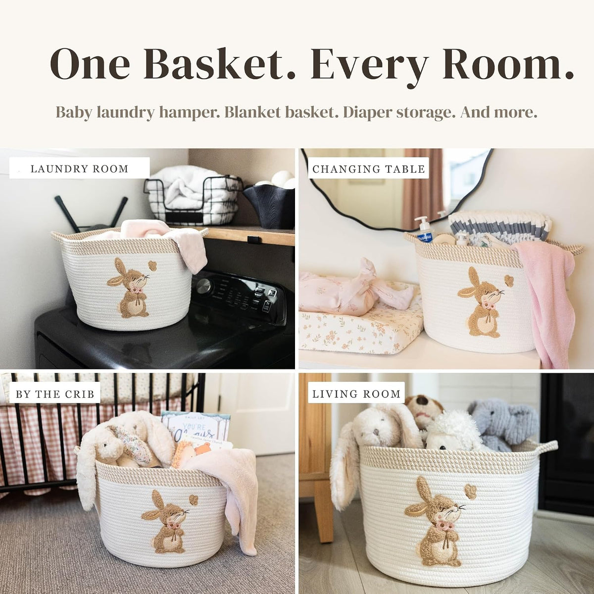 Bunny Baby Storage Basket, Woven Cotton Rope Nursery Bin, 15x11 in