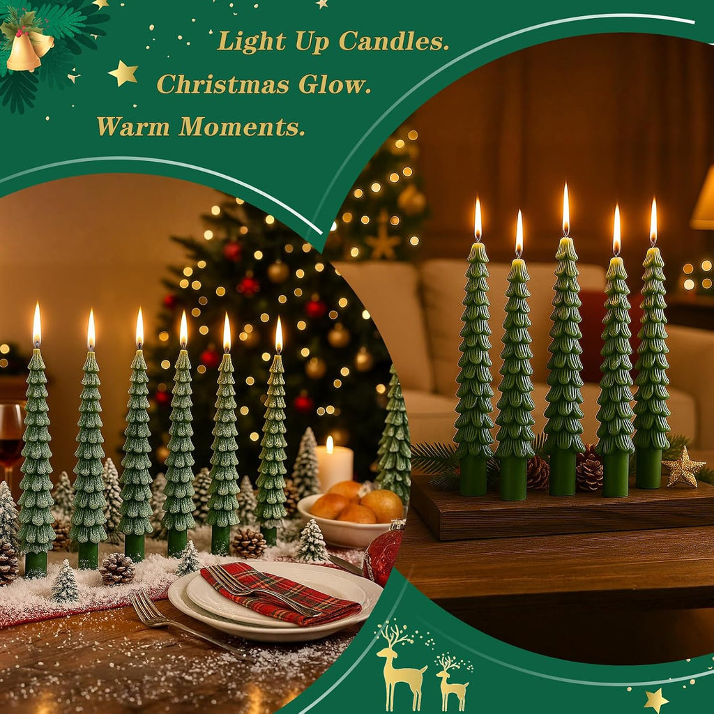 12 PCS Christmas Tree Taper Candles,10 in Unscented Tree Candle Decorative,Perfect for Christmas Table Centerpieces, Mantelpieces, and Window Sill Decorations!