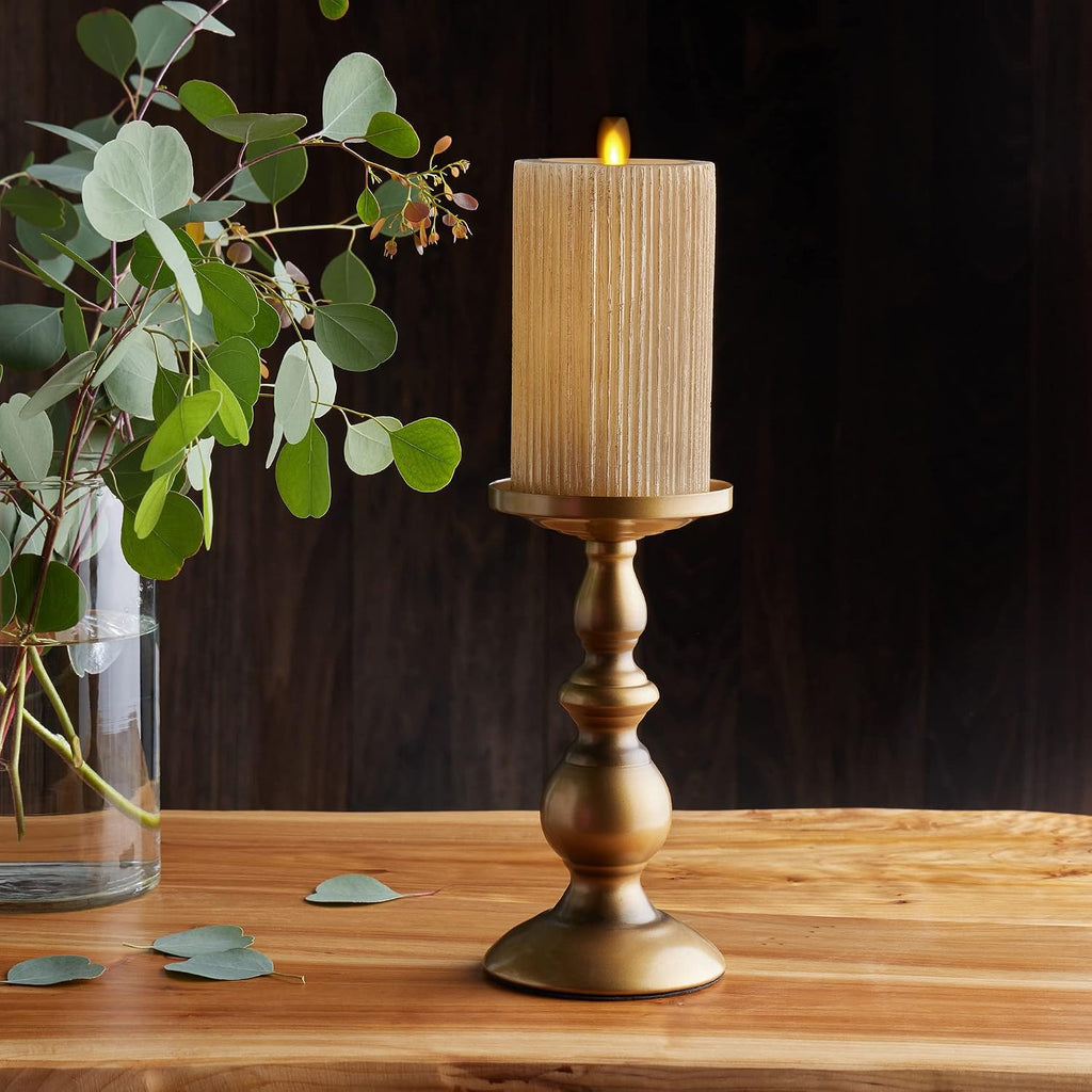 Luminara - Flameless Flickering Real Wax Moving Flame Battery Operated Unscented Candle LED Décor & Gift- Embossed Pillar Collection - Everyday Metallic Furrow, Champagne (3.25" x 6.5")