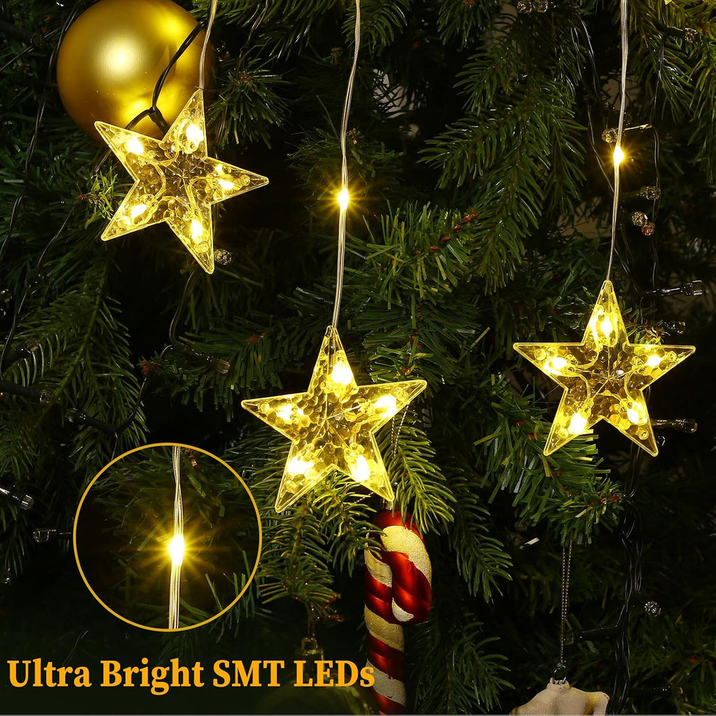 Marchpower 9 Stars Curtain Lights Warm White, IP65 Battery Operated Christmas Star Window Curtains with Timer & Memory Function, 76 LED String Lights with 8 Modes and 10 Hooks for Xmas Decor