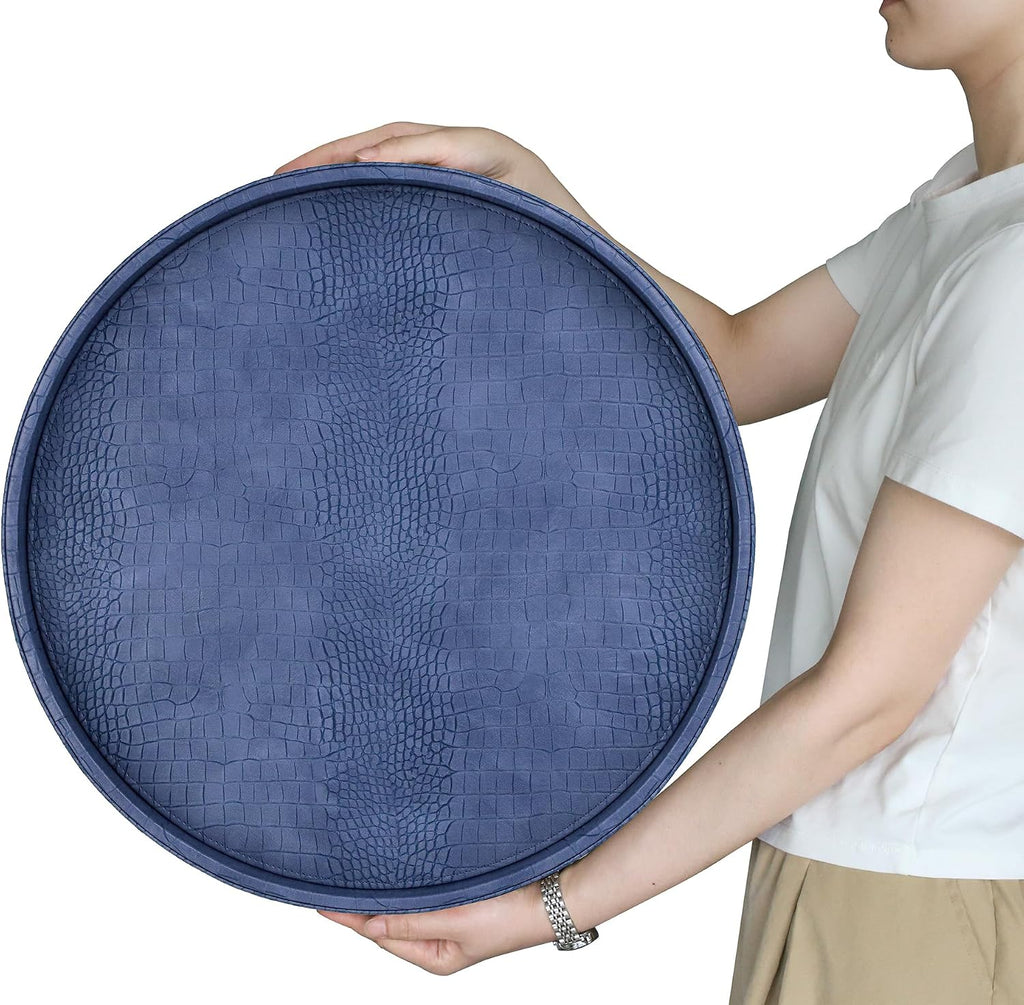 HofferRuffer Round Serving Tray 20'', Elegant Faux Leather Circle Ottoman Table Tray, Serve Tea Coffee Breakfast in Bedroom Living Room Kitchen (Blue, 20")