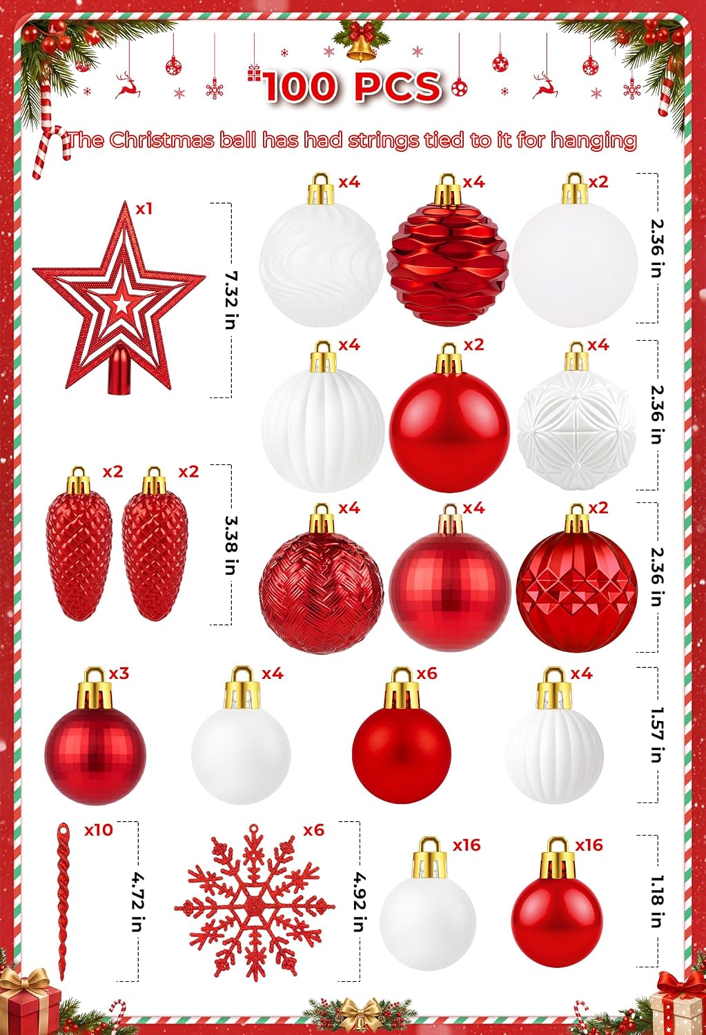 Brightown 100Pcs Christmas Tree Decorations Ornaments Set, Red and White