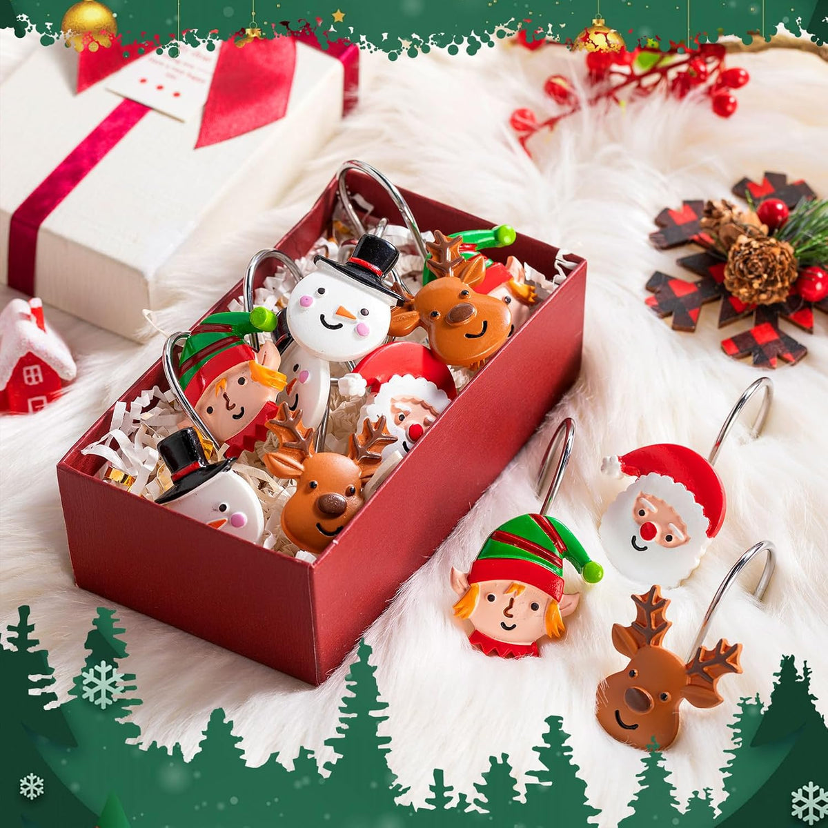 Yungyan 12 Pcs Christmas Shower Curtain Hooks Santa Claus Curtain Hangers
