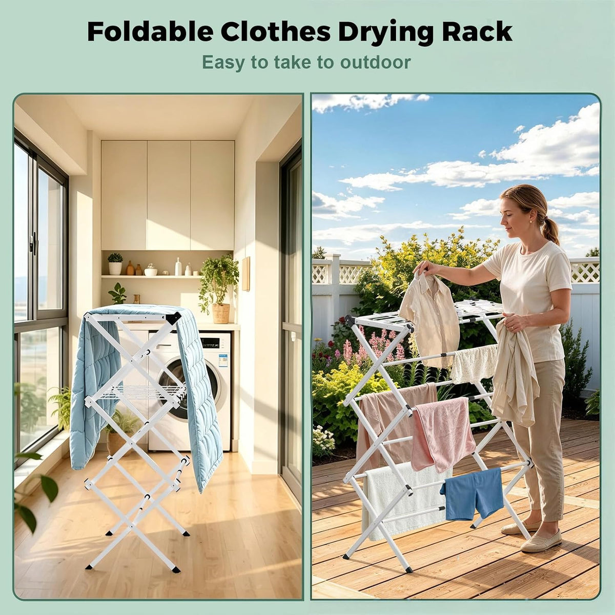 BAKON Space Saving Foldable Clothes Drying Rack, Extendable Rustproof Laundry Rack for Indoor Outdoor Use, No Assembly Required, Suitable for Bathroom Laundry Room Apartment RV, Gray, 2 Mesh