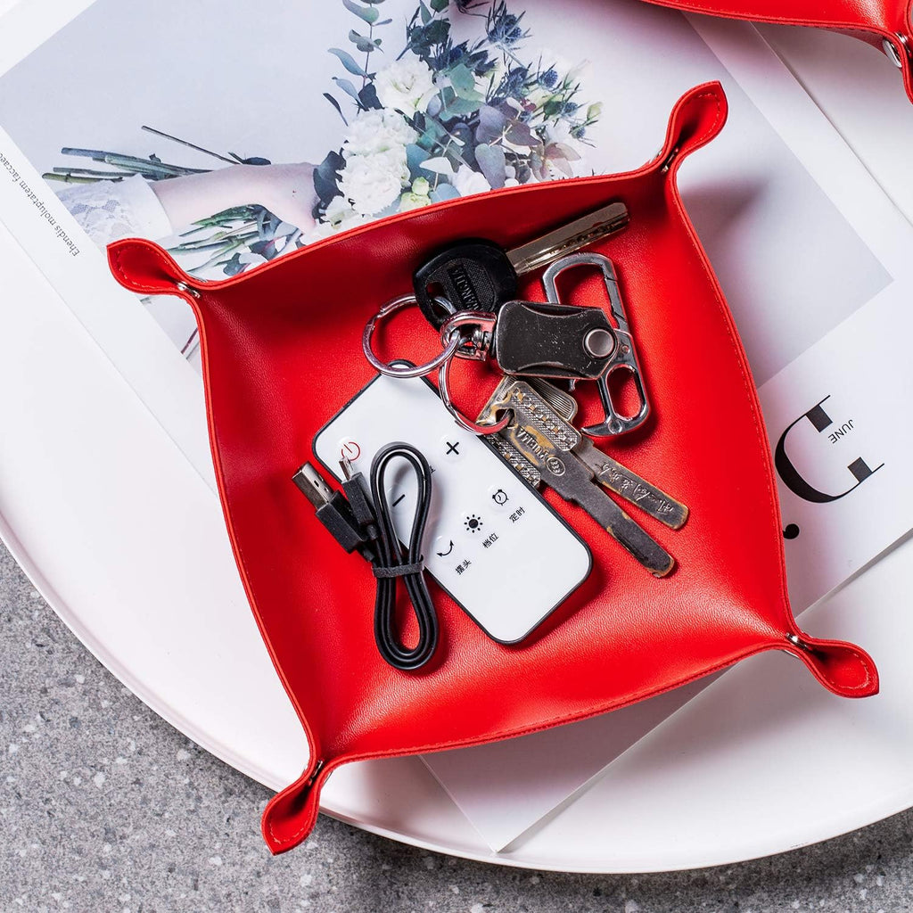 Leather Jewelry Valet Tray for Women and Man (Red-B)