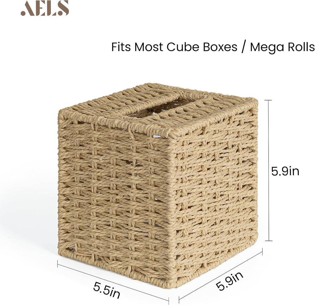 AELS Farmhouse Tissue Box Cover Square, Hand Woven Strawpaper Facial Tissue Paper Holder, Cute Tissue Box Holder Square, Boho Bathroom Decor Box for Tissues Cube Box w/Elastic Bottom, Beige