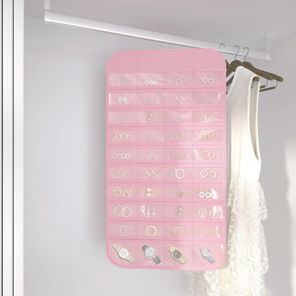 Double-Sided Hanging Jewelry Organizer for Necklaces Earrings, 2-Pack, Pink