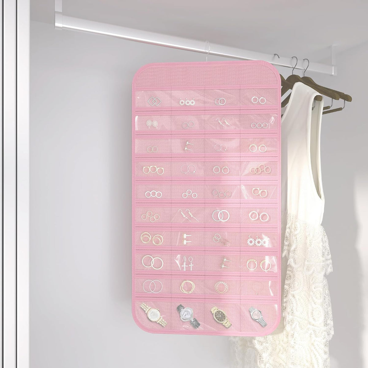 Double-Sided Hanging Jewelry Organizer for Necklaces Earrings, 2-Pack, Pink