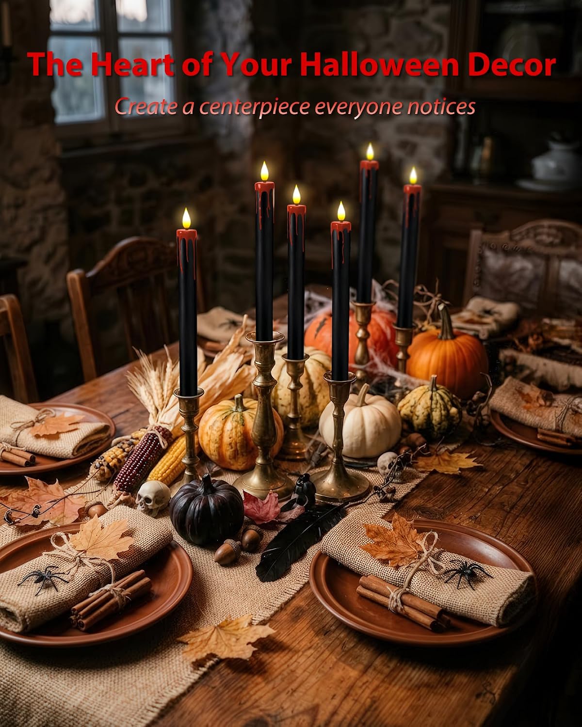 Homemory Black Bleeding Real Wax Flameless Taper Candles, 9.6 Inch Battery Operated LED Candlesticks with Remote Control and Timer, Realistic Dripless for Halloween Spooky Dark Decor 6 Pack