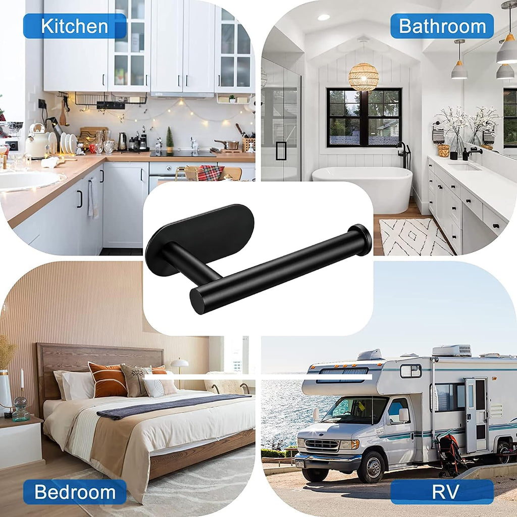 Toilet Paper Holder, Self Adhesive Toilet Paper Roll Holder No Drilling Wall Mount for Kitchen, Bathroom, Toilet, Matte Black Stainless Steel