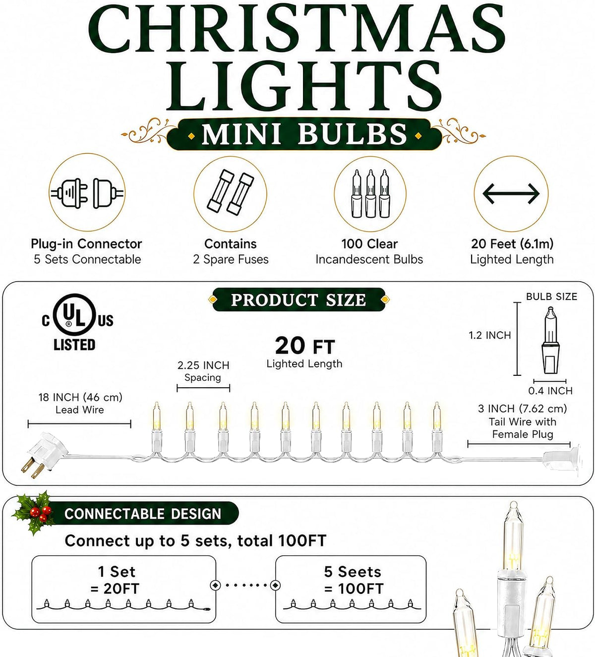 TW SHINE Warm White Christmas Lights, 20FT 100 Count Incandescent White Wire Christmas Tree Lights, Waterproof Xmas String Lights for Outdoor Indoor Home Party Decorations