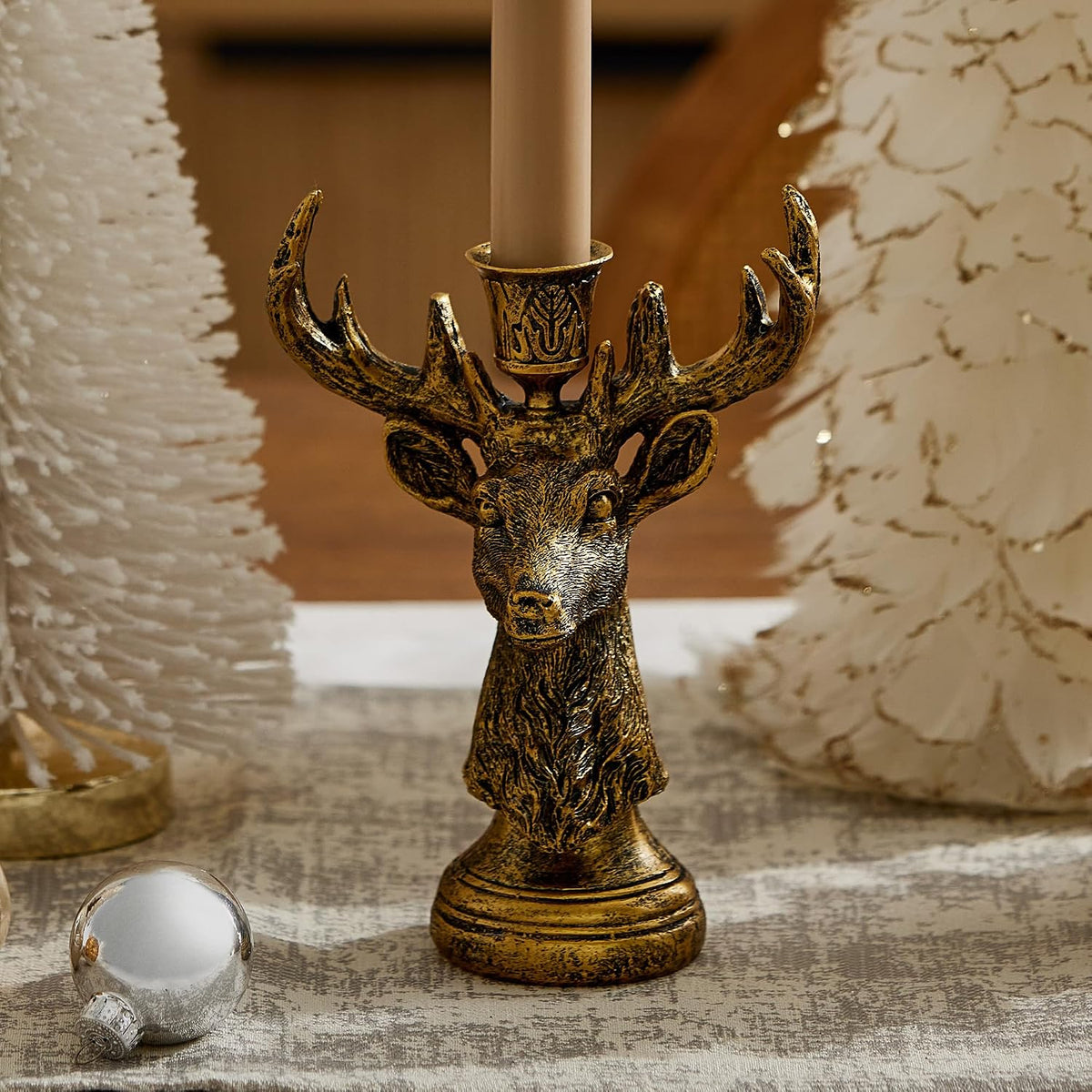 Luminara - Taper Candle Holder Compatible with Luminara Flickering Moving Flame Battery Operated Taper Candles Décor & Gift - Brass Reindeer Classic Stag (5.5" x 8")