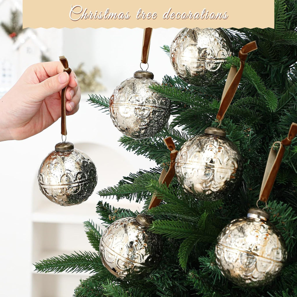 Threan 6 Pcs Champagne Gold Mercury Glass Christmas Ornaments, Etched