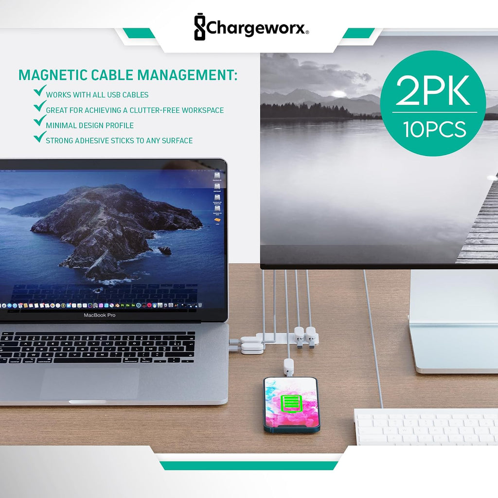 Chargeworx Magnetic Cable Holder Cable Management Multipurpose Desktop Cable Management System, 10-Pack, Great for USB-C, Lightning, Micro-USB & Other Cables Sticks to Any Surface (White - 10 Pack)