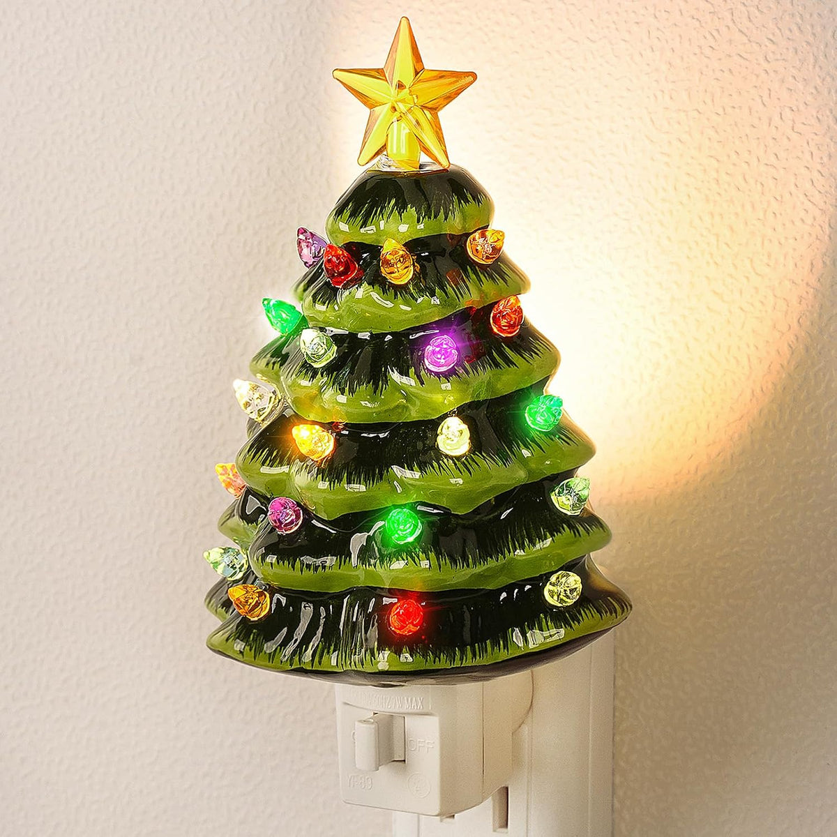 Brightever Ceramic Tree Night Light for Christmas Wall Decorations, 6" H Decorative Christmas Tree Nightlight with Multicolor Bulbs, On/Off Switch, Retro Xmas Decor for Bathroom, Bedroom - Green