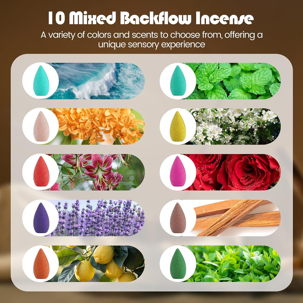 Aneco 180 Pieces Backflow Incense Cones 10 Mixed Natural Scents Rose Jasmine Lily Mint Lavender and More Kinds of Mixed Natural Backflow Incense Cones