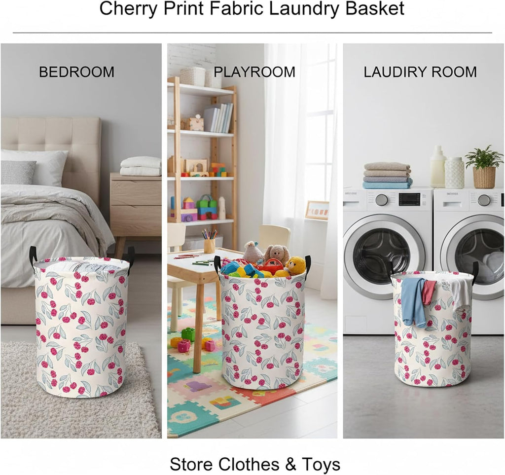 Cute Girls Baby Laundry Basket Kids Clothes Gift Hamper Nursery Cherry Room Decor (Blue Leaf Dot Cherries)