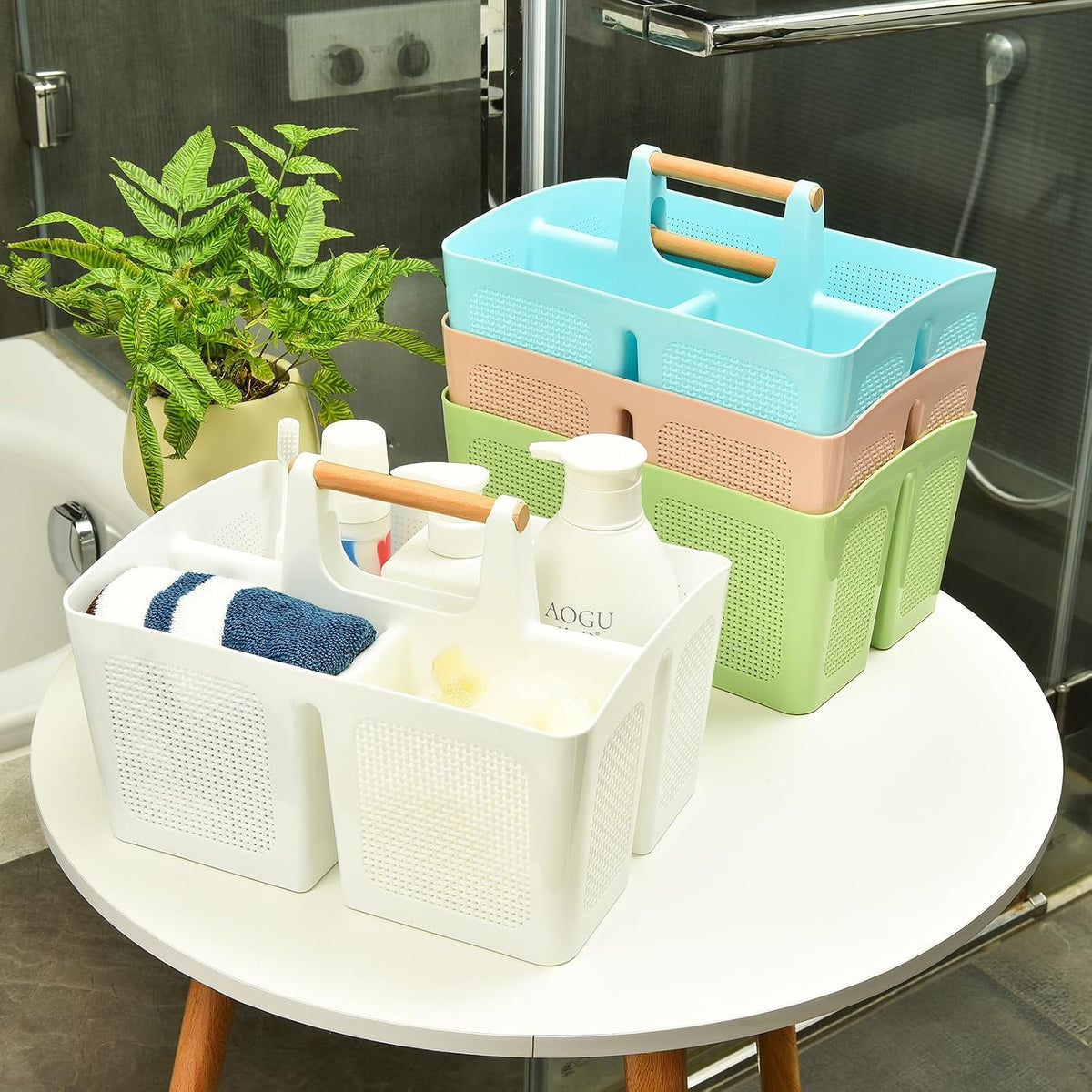 ALINK Portable Shower Caddy Basket with Compartments, Plastic Divided Cleaning Caddy Organizer Storage Tote with Handle for Bathroom, College, Dorm Room Essentials, White