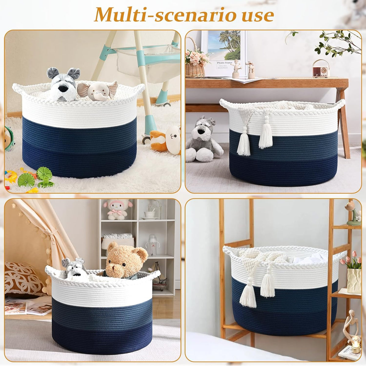 Large Woven Blanket Basket, 67L Cotton Rope Laundry Basket