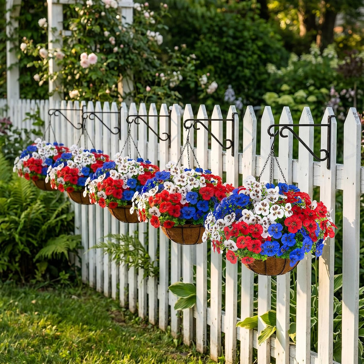 lovemoon 2 Sets Artificial Hanging Pansies Flowers with Baskets, 24 Pcs Faux Patriotic Silk Pansy Outdoor Flower for Porch Patio Garden Home Summer 4th of July Decor (2, RedWhiteBlue)