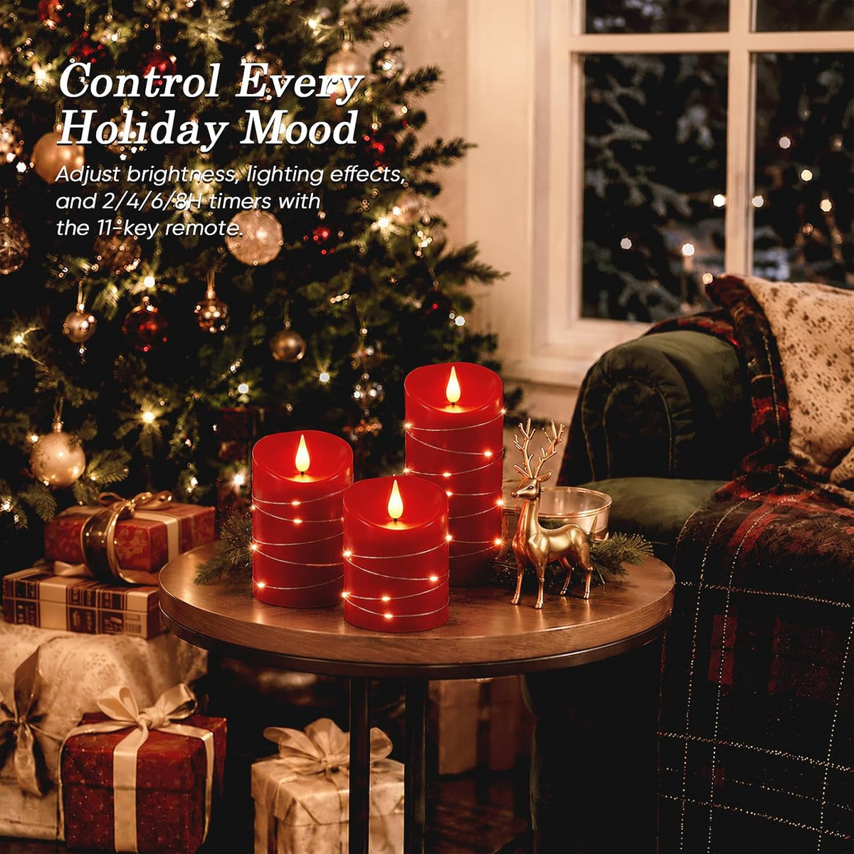 Homemory Red Flameless Candles with String Lights, 3 Pack Real Wax LED Pillar Candles with 3D Wicks, Battery Operated Candles with 11-Key Remote and Timer for Christmas Decor, 3" x 4"5" 6"