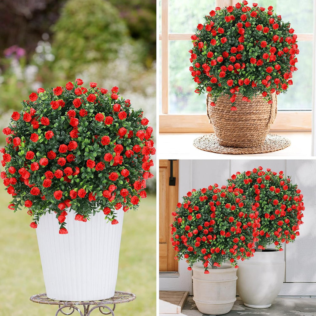 Set of 2 Artificial Red Rose Topiary Ball Tree,25" with Ground Spike
