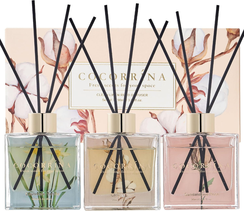 COCORRÍNA Reed Diffuser Set of 3-3 Pack/ 3.04 Fl.oz Diffuser with 24 Sticks Cashmere Vanilla/Sandalwood Rose/Clean Linen Reed Diffuser for Home Bathroom Office Decor