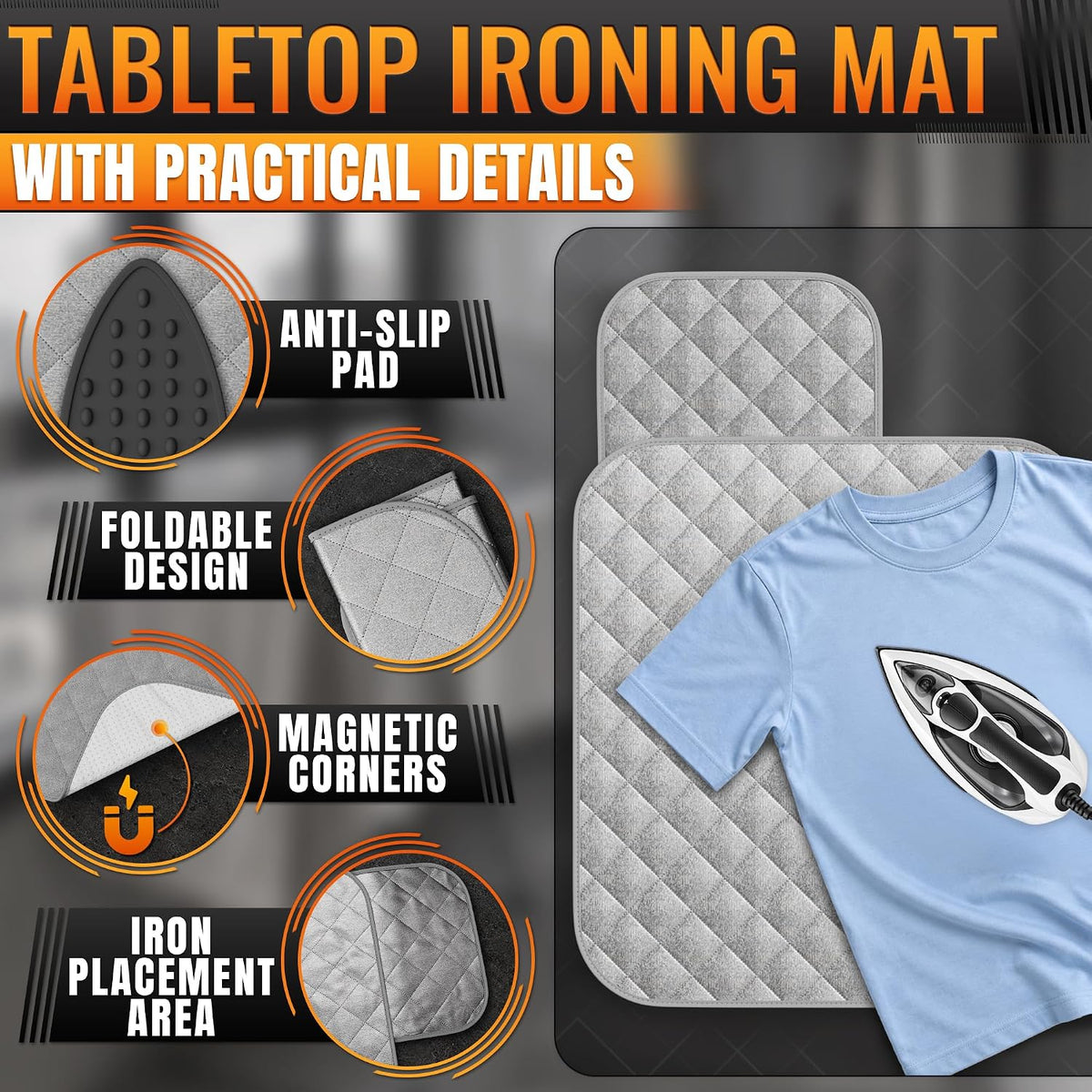 3-in-1 Ironing Mat for Table Top, 28.9" x 21.3", Magnetic Edges